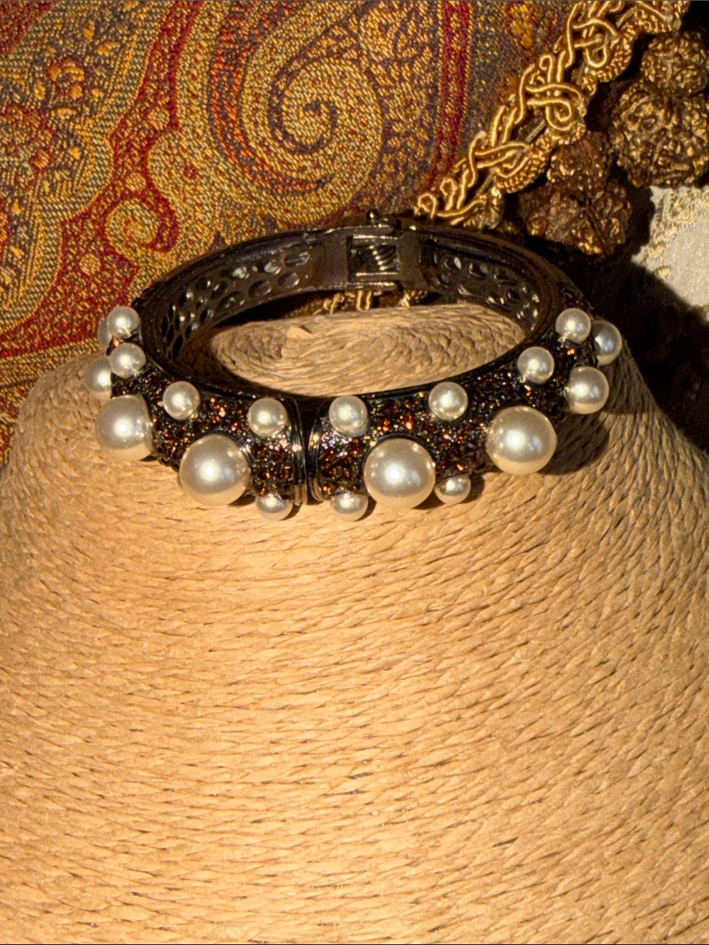 Pearl Accent amber Crystal chocolate enamel clamper Bracelet